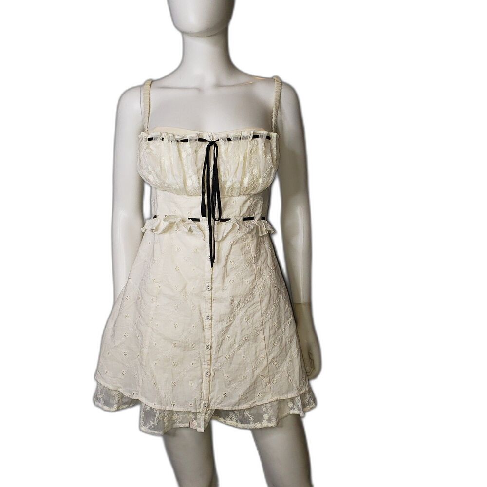 For Love & Lemons Sora Dress Womens Large White Lace Eyelet Mini Ruffle Button